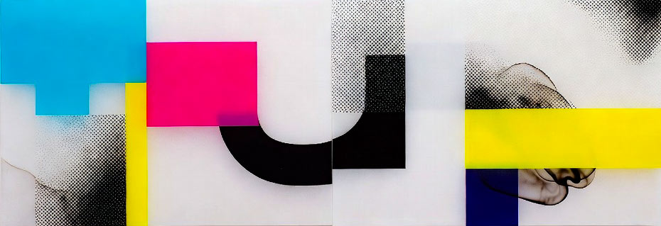 Abstrakte grafische Komposition mit Formen, Rasterflächen und kräftigen Farben
